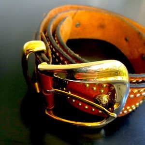 1 1/2 inch wide Studded Italian Leather Belt w/Goldtone Buckle